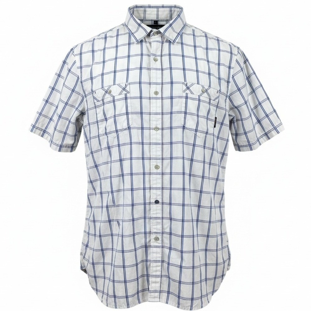 Amplify Button Up Shirt Mens Large White Blue Plaid Skull Buttons Short Sleeve